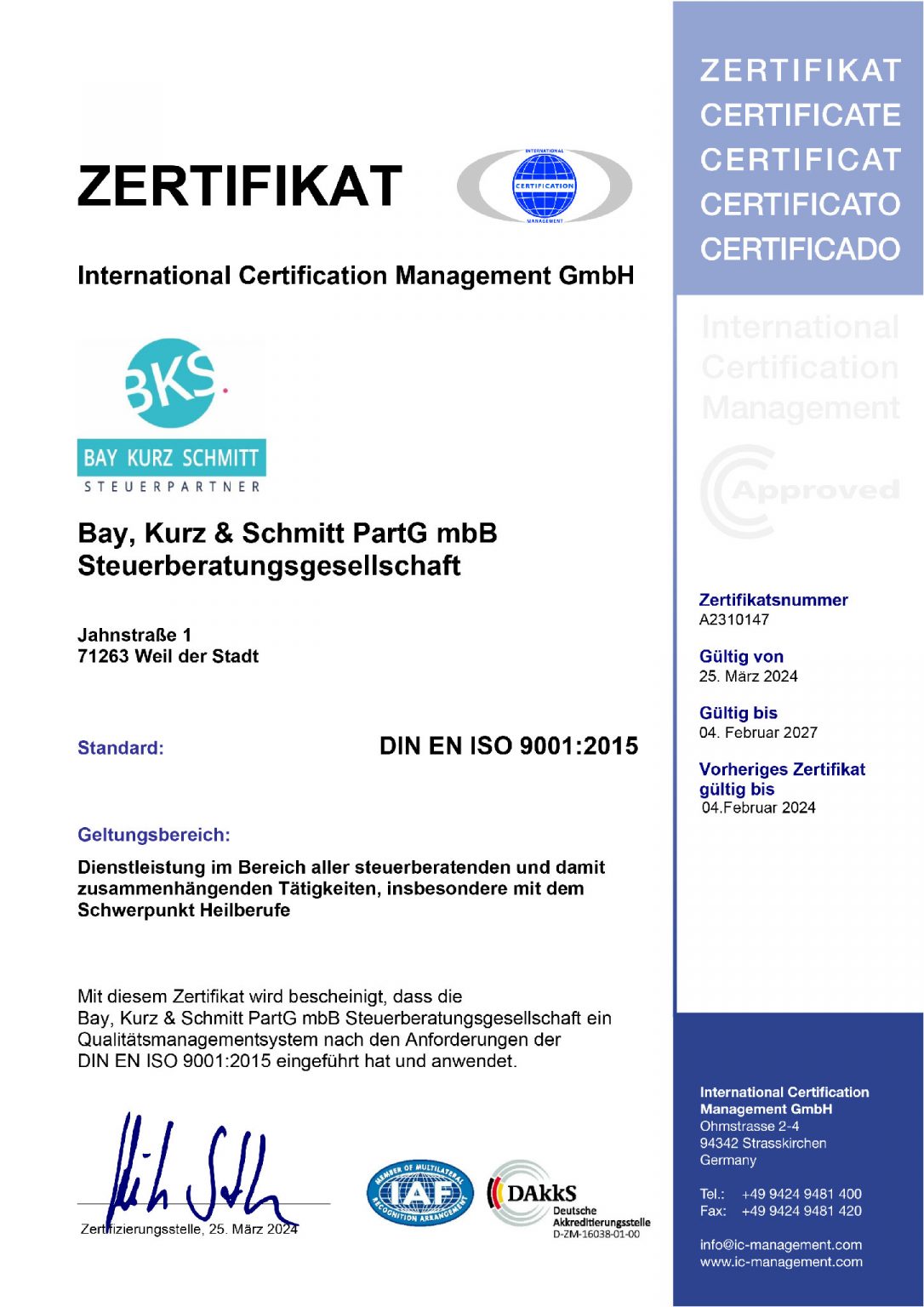 Zertifikat Qualitätsmanagement Heilberufe Bay, Kurz & Schmitt PartG mbB